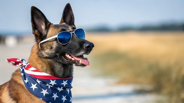 Belgian malinois dog wearing sunglasses and usa flag bandana on 4th july - Powered by Adobe