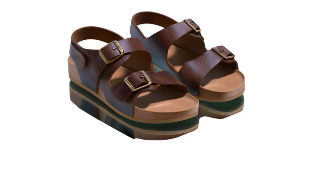 Men? sandals balanced on invisible surface, angled composition, transparent background,