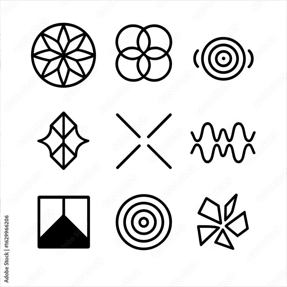 Poster abstract icon grid. outline icon set of abstract reflection: kaleidoscope, symmetrical shapes, rippl