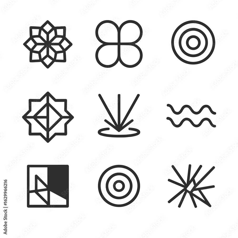 Poster abstract icon grid. outline icon set of abstract reflection: kaleidoscope, symmetrical shapes, rippl