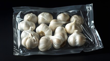 Photograph of garlic bulbs contained within a clear plastic bag.