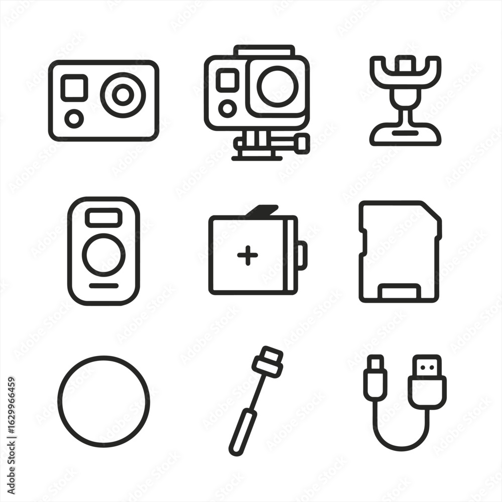 Poster action cam icon set. outline icon set of action cam basics: action camera, waterproof case, mounting