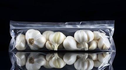 Photograph of garlic bulbs in a clear plastic bag, reflecting a dark background.