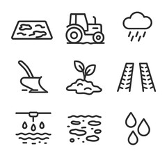 Fototapeta premium Agricultural Mud Icon Set. Outline icon set of mud in agriculture: muddy field, tractor, rain, plow, mud-covered plant, mud tracks