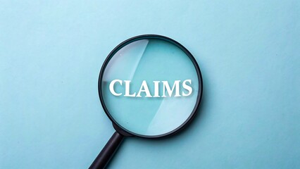 Magnifying glass focusing on word claims on blue background representing inspection and insurance
