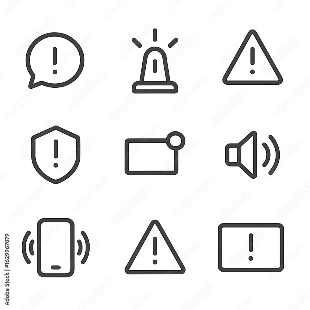 Poster alarm notification icons. outline icon set of alarm notifications: notification bubble, exclamation 