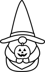 Cute Halloween gnome character cartoon outline isolated.
Halloween gnome holding a pumpkin black bold line icon.
Transparent background. SVG.