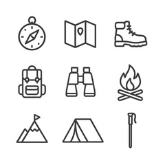 Fototapeta premium Adventure Icon Set. Outline icon set of exploration and adventure: compass, map, hiking boot, backpack, binoculars, campfire,