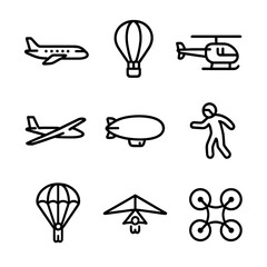 Aerial Transport Icons. Outline icon set of aerial transport: airplane, hot air balloon, helicopter, glider, blimp, skydiver,