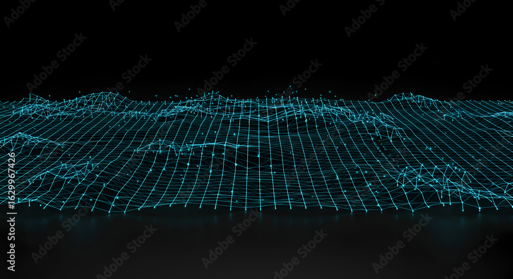 Poster abstract digital landscape with glowing teal lines and points. data visualization of terrain, modern