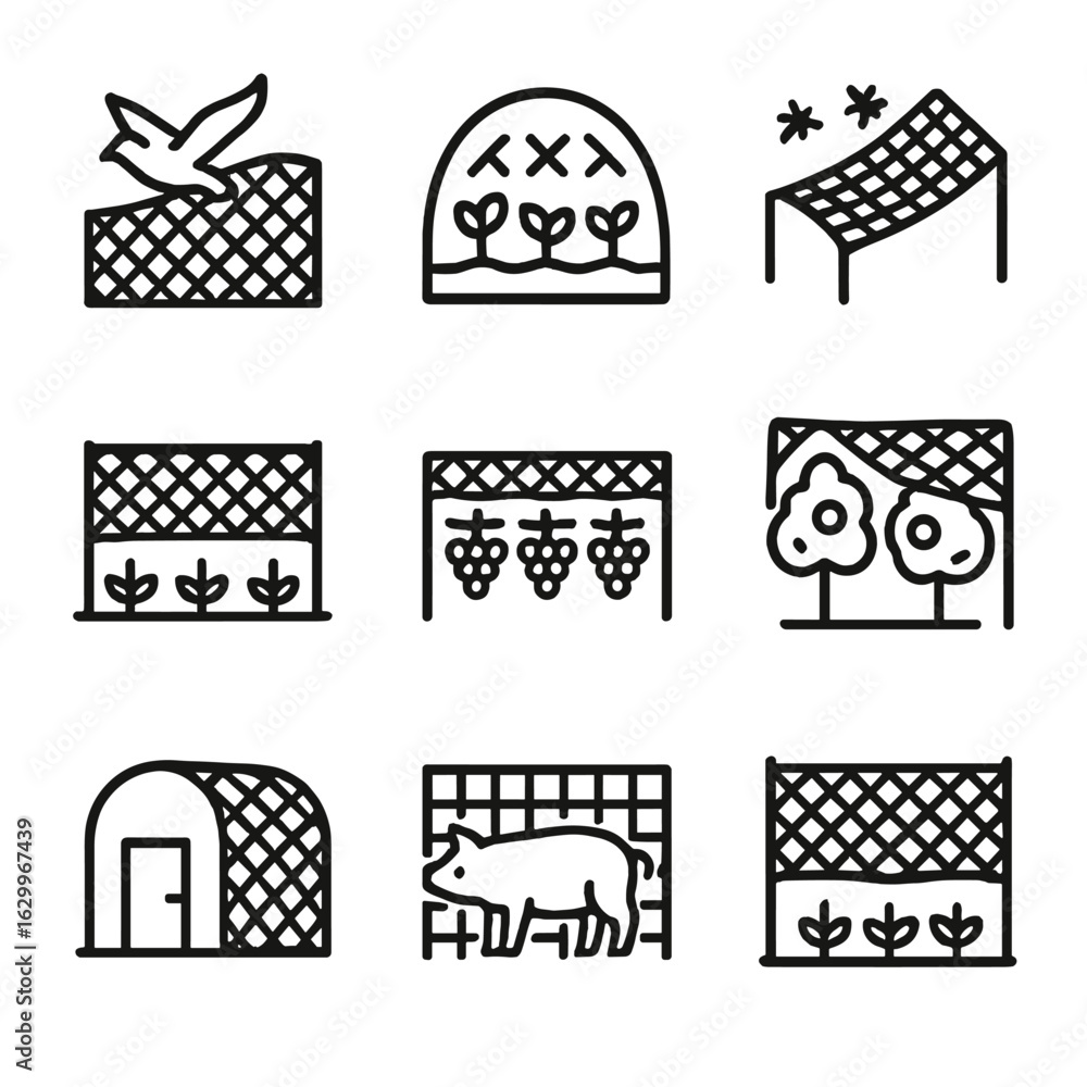 Poster agricultural net icons. outline icon set of netting types in agriculture: bird netting, crop protect