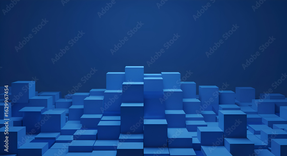 Poster abstract blue geometric cubes arranged in a modern display setting. minimalist design with a focus o