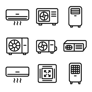 Air Conditioner Icons. Outline icon set of air conditioning units: split AC, window AC, portable AC, central AC, ductless AC,
