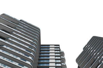 Low-angle view of two modern, curved high-rise buildings with numerous balconies and reflective glass windows.  The buildings' architecture emphasizes sleek lines and a contemporary design