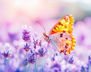Butterfly Resting on Lavender in Sunlight