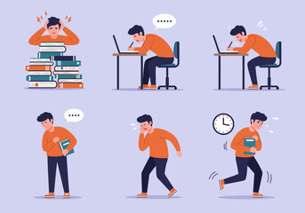 Naklejka premium A stressed student struggles with studying, showing various signs of anxiety and pressure.