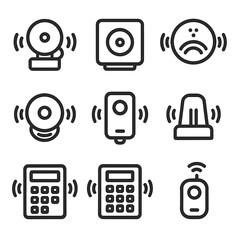 Alarm System Icon Set. Outline icon set of alarm system buzzers: fire alarm buzzer, intruder alarm buzzer, carbon monoxide alarm