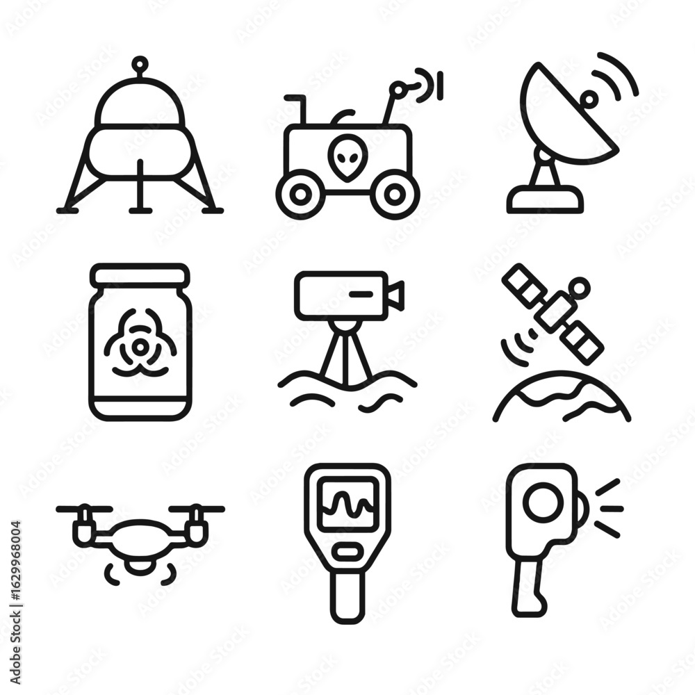 Poster alien exploration icons. outline icon set of extraterrestrial exploration: landing probe, alien rove