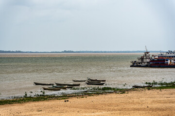 The meeting of the blue waters of the Tapajos River and muddy of the Amazon River in Santarem, Para...