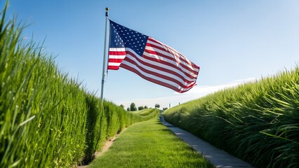 American flag surrounded by green grass creating a patriotic background