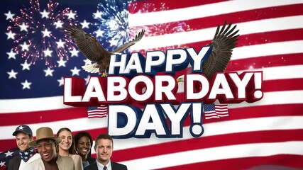 A patriotic Happy Labor Day greeting with diverse American workers, a waving USA flag, majestic eagles, and festive fireworks celebration.