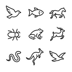 Fototapeta premium Animal Motion Icons. Outline icon set of animal movement: flying bird, swimming fish, running horse, crawling insect, hopping frog