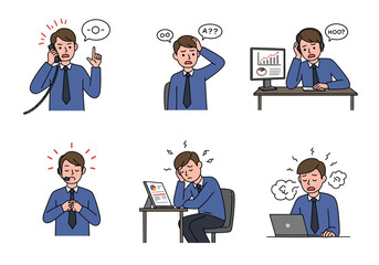 A set of illustrations depicting a male office worker experiencing various negative emotions like stress, anxiety, and anger.
