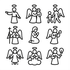 Angelic Actions Icons. Outline icon set of angelic actions: blessing, protecting, guiding, healing, praying, singing, descending,