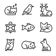 Fototapeta premium Animal Silence Icons. Outline icon set of silence in animals: sleeping cat, quiet bird, resting deer, closed turtle shell, calm