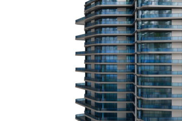 Close-up of a modern high-rise building's exterior, showcasing its sleek, curved design with numerous glass-fronted balconies and subtly varied shades of blue. emphasizing architectural details