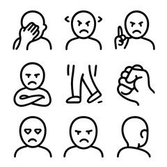 Anger Gesture Icons. Outline icon set of anger-related gestures: face palm, head shaking, finger wagging, crossing arms, stomping