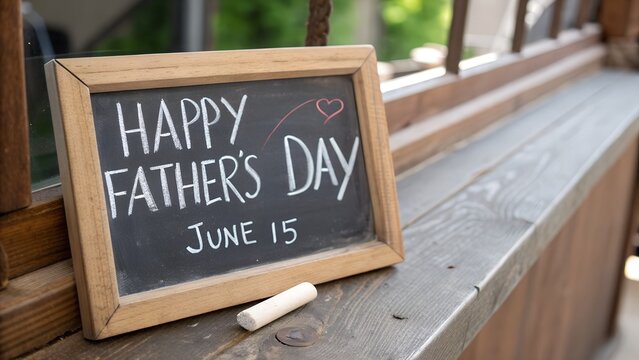 Chalkboard with Happy Fathers Day June 15 Message and Chalk Piece on Wood
