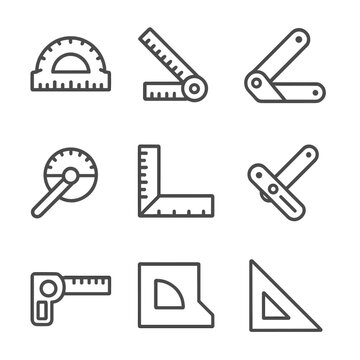 Angle Tools Icon Set. Outline icon set of angle measurement tools: protractor, angle ruler, bevel gauge, goniometer, carpenter&rsquo;s