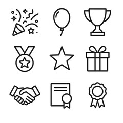 Achievement Icons Grid. Outline icon set of celebrating achievements: confetti, balloon, trophy, medal, star,