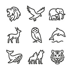Animal Icon Grid. Outline icon set of awe in animals: roaring lion, soaring eagle, elephant herd, graceful deer, mysterious owl,