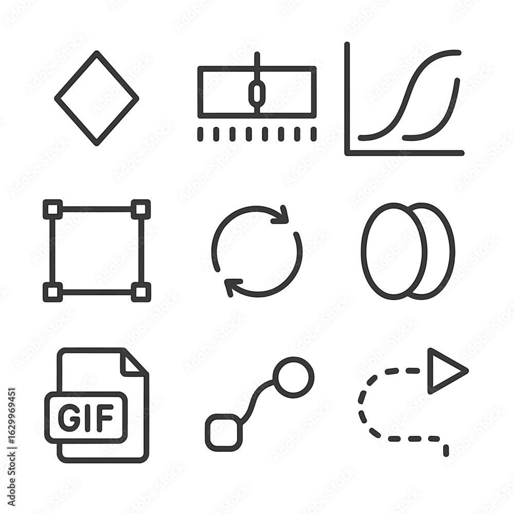 Poster animation icon set. outline icon set of animation and motion graphics: keyframe diamond, timeline sc
