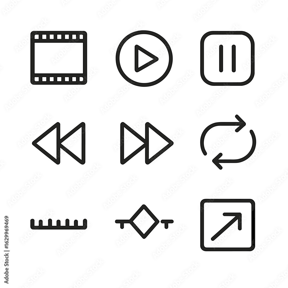 Poster animation icon set. outline icon set of animation frames: frame, play button, pause button, rewind, 