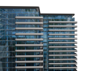 A digitally rendered close-up of a modern glass skyscraper's exterior, showcasing its sleek, geometric design and repetitive horizontal lines of balconies and windows reflecting a hint of greenery