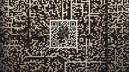 Abstract technology concept featuring a prominent QR code nested within a chaotic digital maze pattern