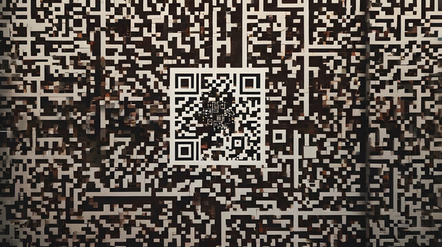 Abstract technology concept featuring a prominent QR code nested within a chaotic digital maze pattern