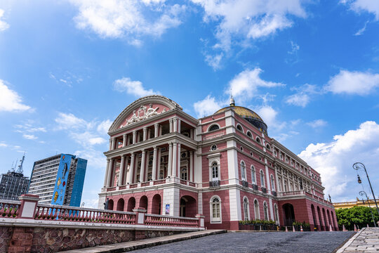 Facade of the imposing Amazonas Theater in the city of Manaus in Brazil. Symbol of the golden period of rubber in Brazil