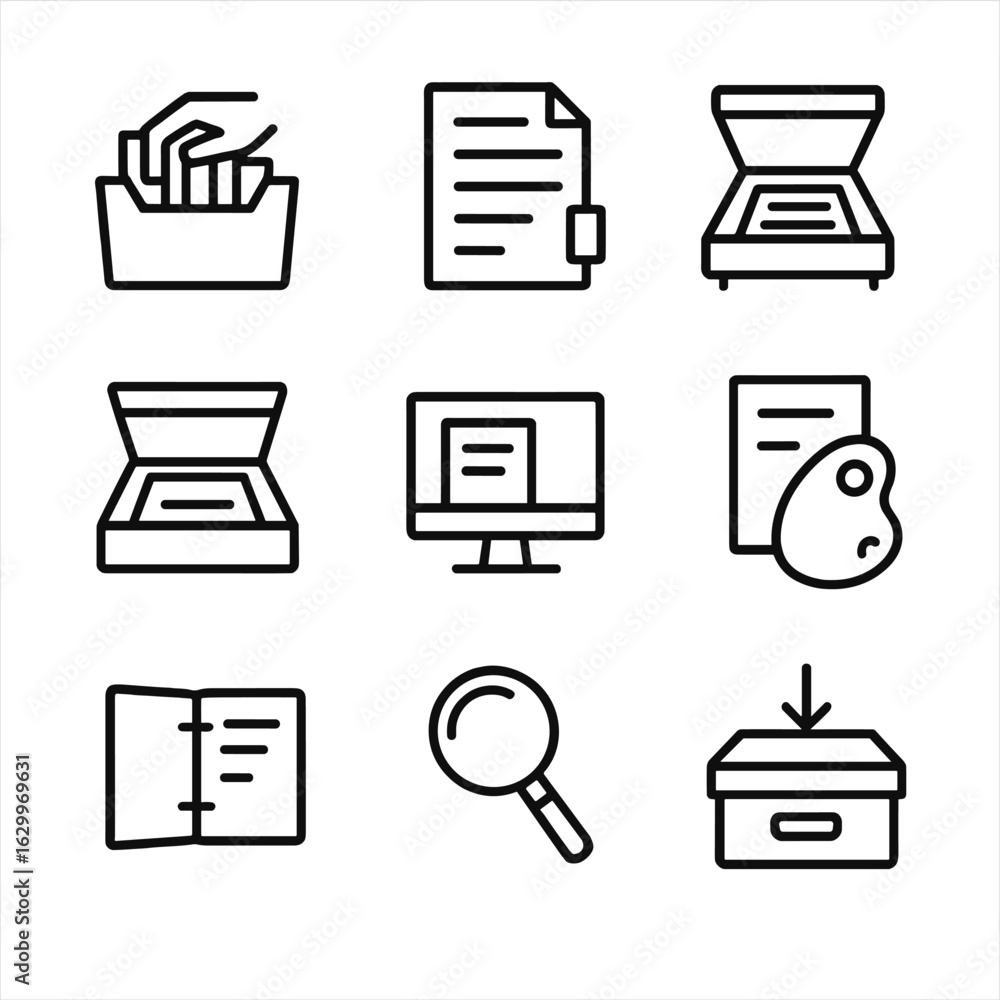 Poster archive process icons. outline icon set of archive processes: sorting, cataloging, scanning, digitiz