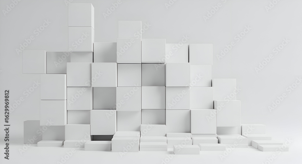 Poster white cubic display backdrop with a tiered, geometric arrangement. abstract architectural display fe