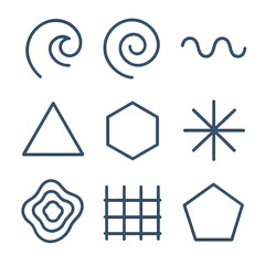 Abstract Blue Icon Grid. Outline icon set of cool tone abstract shapes: blue swirl, blue spiral, blue wave, blue prism, blue