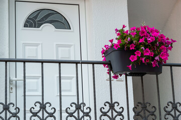 details of beautiful exterior with white wall and white door and flowers in flowerpot on metal decorative balcony fence