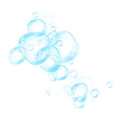 Set of realistic blue soap bubbles in various sizes. Bubbles are located on a transparent background. Water glass bubble realistic