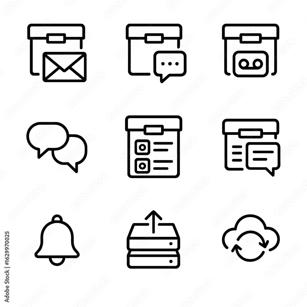Poster archive icons collection. outline icon set of archive communication: email archive, chat logs, voice