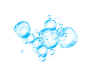 Set of realistic blue soap bubbles in various sizes. Bubbles are located on a transparent background. Water glass bubble realistic