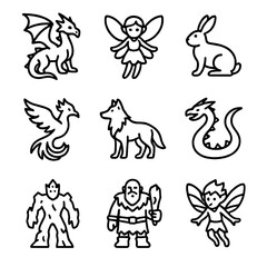 Obraz premium Arctic Creature Icons. Outline icon set of arctic magical creatures: ice dragon, frost fairy, snow hare, frozen phoenix, winter