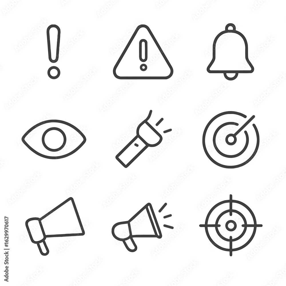 Poster attention icon set. outline icon set of attention and alertness: exclamation mark, warning triangle,